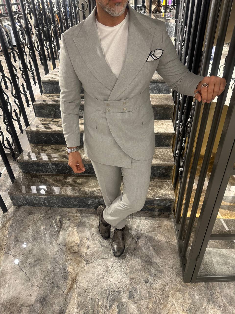 Gray Belted 2-Piece Suit