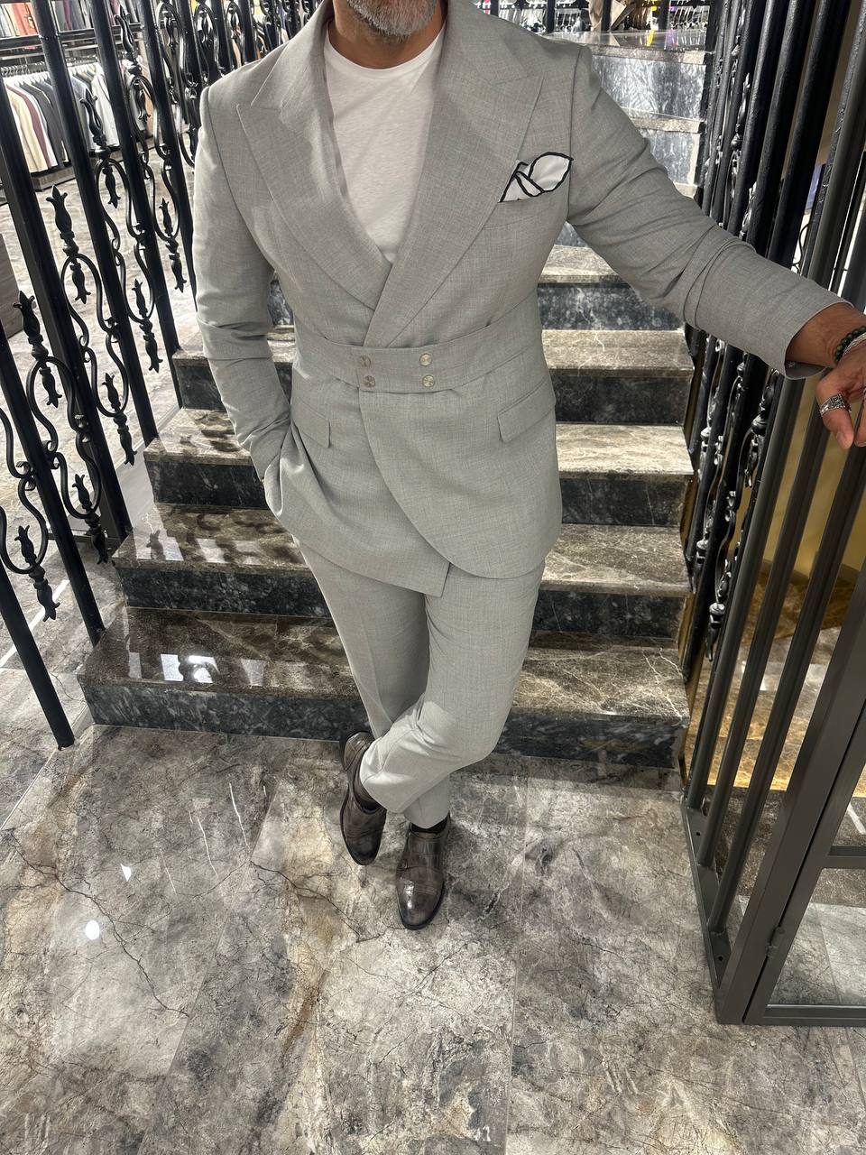 Gray Belted 2-Piece Suit