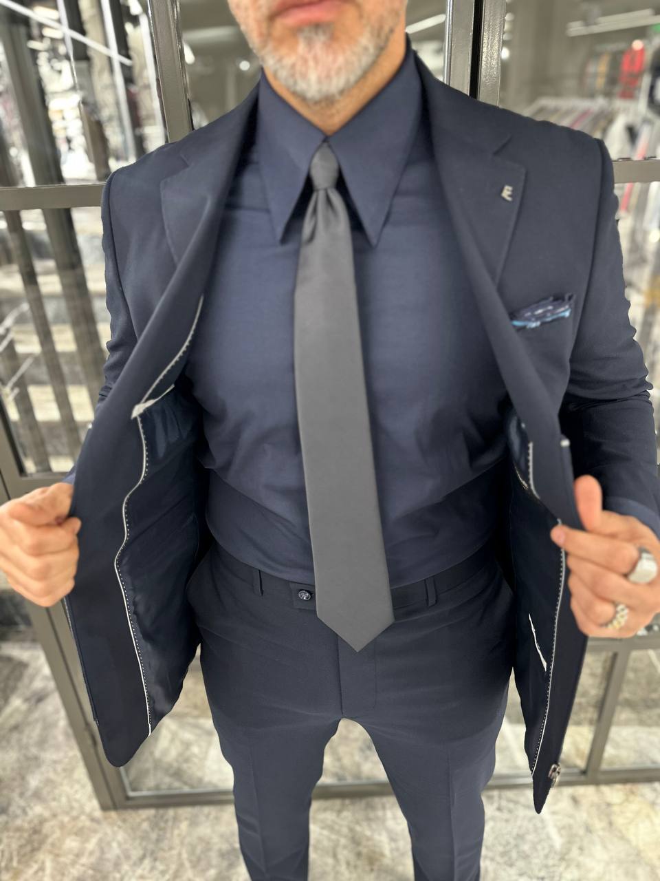 Navy Blue Zipper Detail Suit