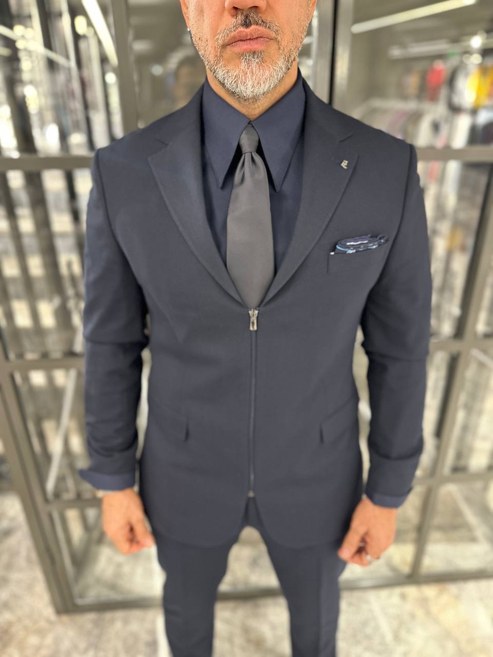 Navy Blue Zipper Detail Suit