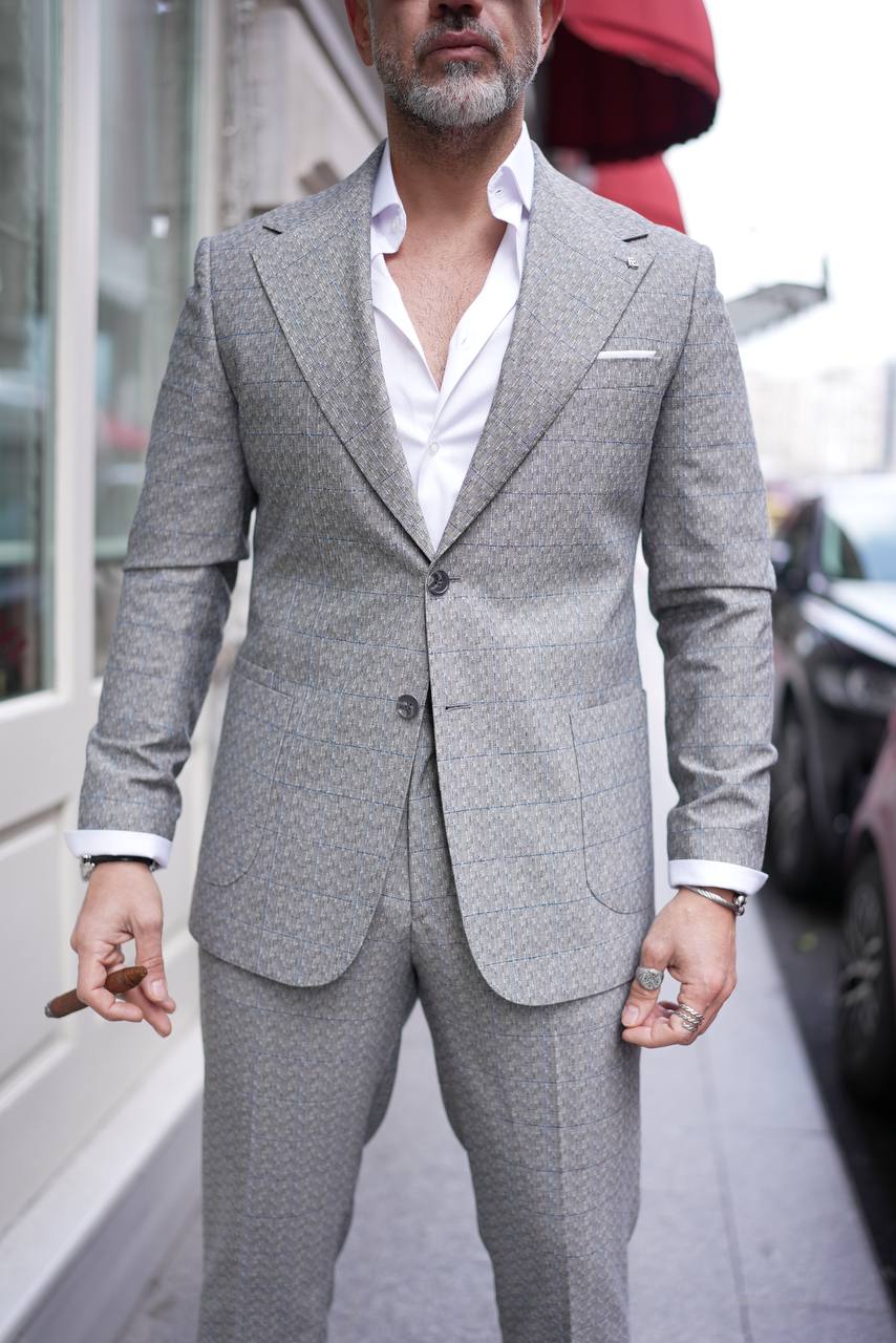 Bag Pocket Gray 2-Piece Checkered Suit